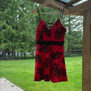 Midnight Doll Red & Black Velvet Floral Detail Mini Dress Stunning Feminine NWOT